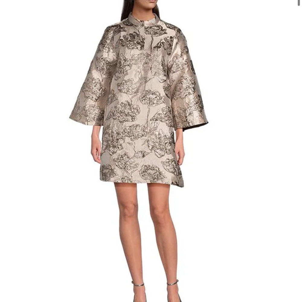 J. Marie Kai Brocade Button Front Long Sleeve Mini Dress